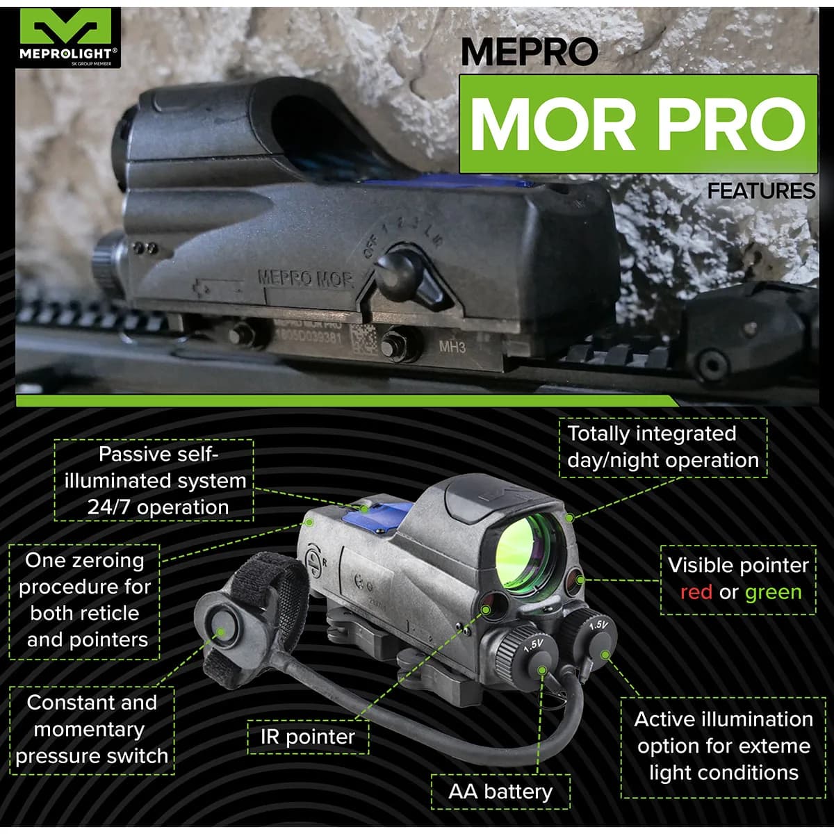 MOR PRO 4.3 MOA Green Dot/Laser pointer/IR Reflex Sight BLK - photo 3