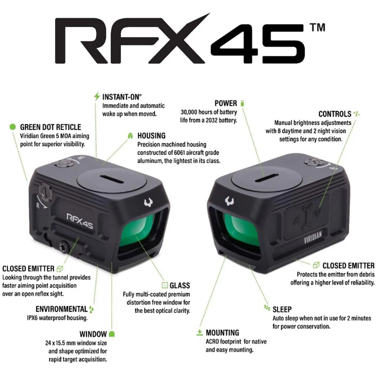 RFX45 Closed Green Dot Reflex Sight W/Glock MOS Adapter BLK - photo 6