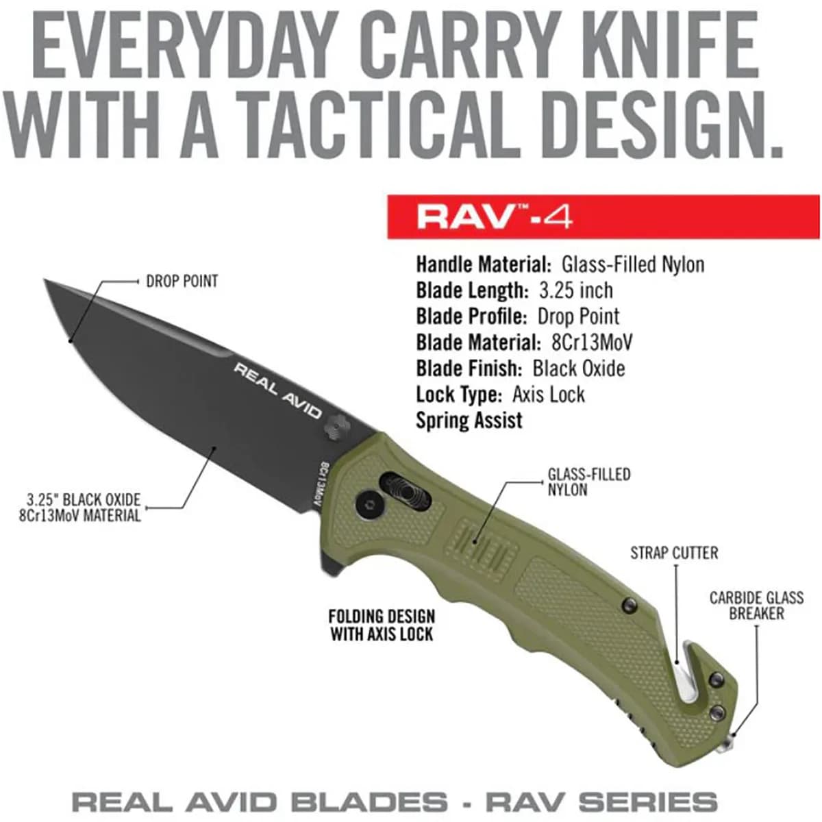 RAV-4 Drop Point Folding Carry Knife w/Strap Cutter ODG - photo 2