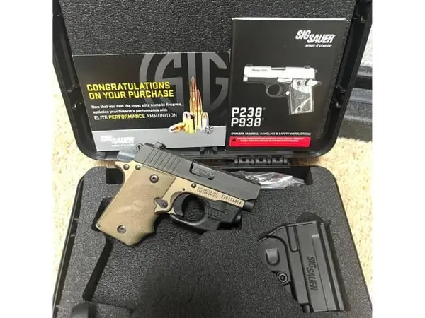 SIG Sauer P238 .380 – FDE Two-Tone – Hogue Grips + Aimshot Laser – Case/Holster – Excellent