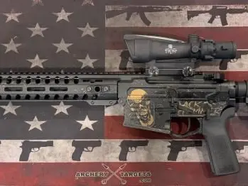 Patriot Ordnance Factory Rogue Jack Hammer " Goldberg Collbab ", 308 Win, 13.75" Barrel (P&W16"), 20+1rd, Dead Air Brake, Black/Gold, Rifle and Trijicon 3.5X35 ACOG