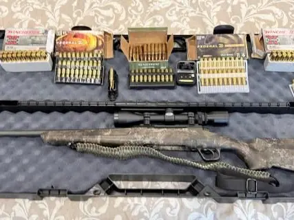 Savage 308 in camo with ammo, case, and laser cartridge 8704774425 text