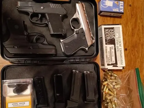 3 compact handguns: Kel-Tec P3AT .380, Ruger LCP .380, Phoenix Arms HP22 with ammo, mags, extras.