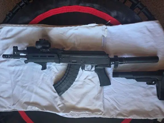 ROMANIAN AK DRACO 7.62 X 39 (SEVEN, 0, FOUR, 4, FOUR, 9, NINE, 5, FOUR, 3