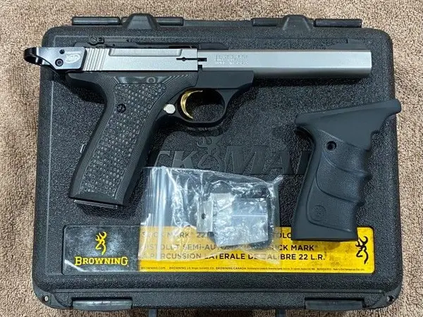 Browning Buckmark URX slab side target pistol in stainless. Lok G10 grips. Tandemkross charging handle and mag bumpers