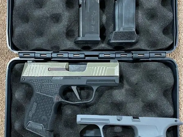 Sig P365 Factory distressed OD green. Grayguns grip module + extra XL module, flat trigger and extended slide release